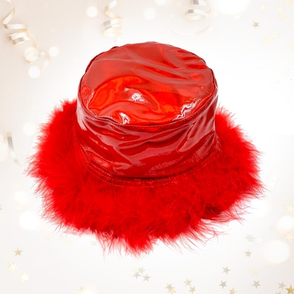 iFashionBox Accessories - Red Fur Bucket Hat Hologram Style Trendy Fuzzy Trim Fun Cute Fashion Statement